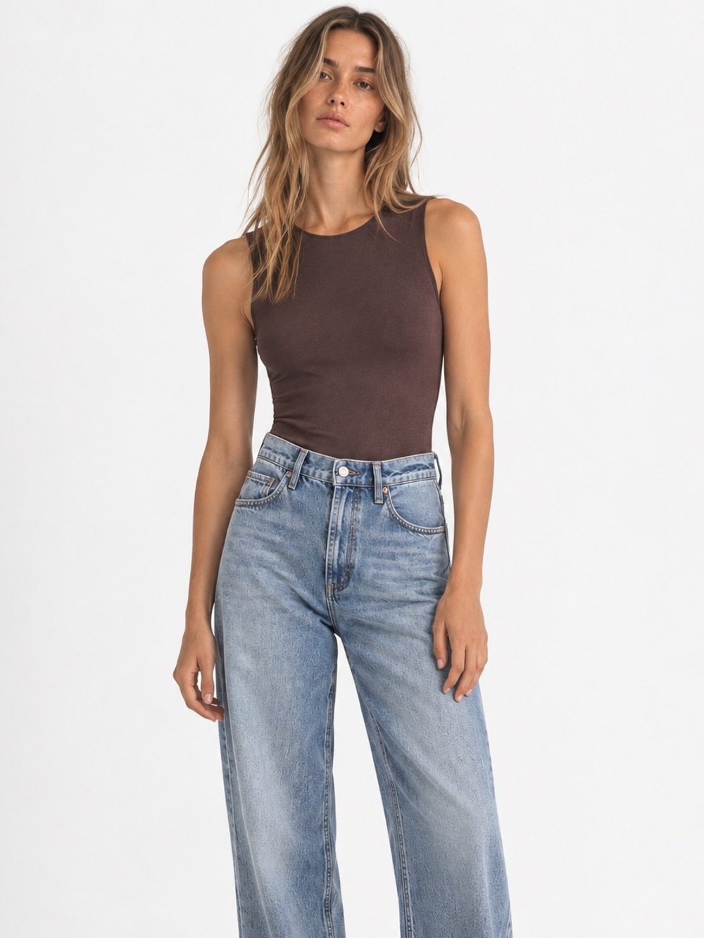 Nuuds brown sleeveless crew neck bodysuit
